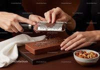 Hands Grating Chocolate with Nuts on Wooden Board for Gourmet Dessert