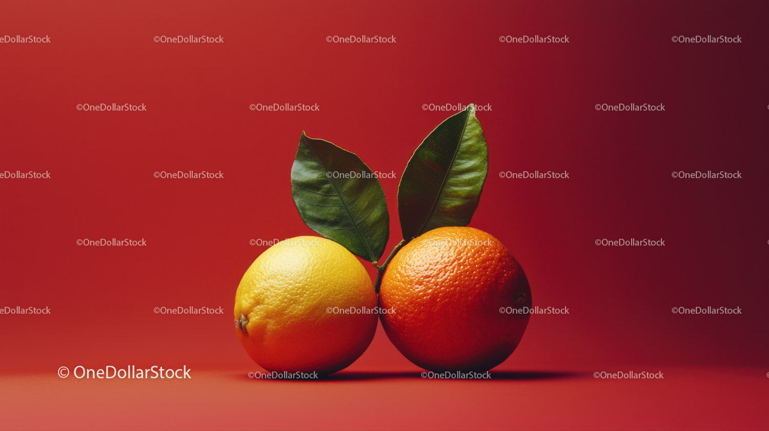 Vibrant Citrus Fruits with Green Leaves on Red Background