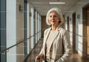 Confident Senior Woman Standing in Bright Modern Office Corridor