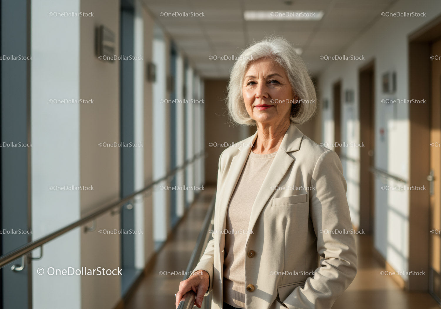 Pewna siebie starsza kobieta stojąca w jasnym, nowoczesnym korytarzu biurowym