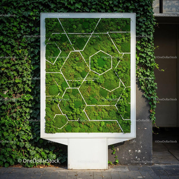 Contemporary Vertical Garden Wall with Lush Greenery and Geometric Design JPG Mockup Image