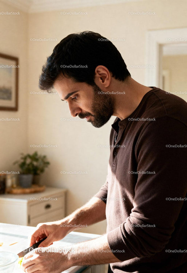 Man focused on chopping vegetables in cozy kitchen