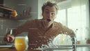Young Man Surprised by Water Spill in Modern Kitchen