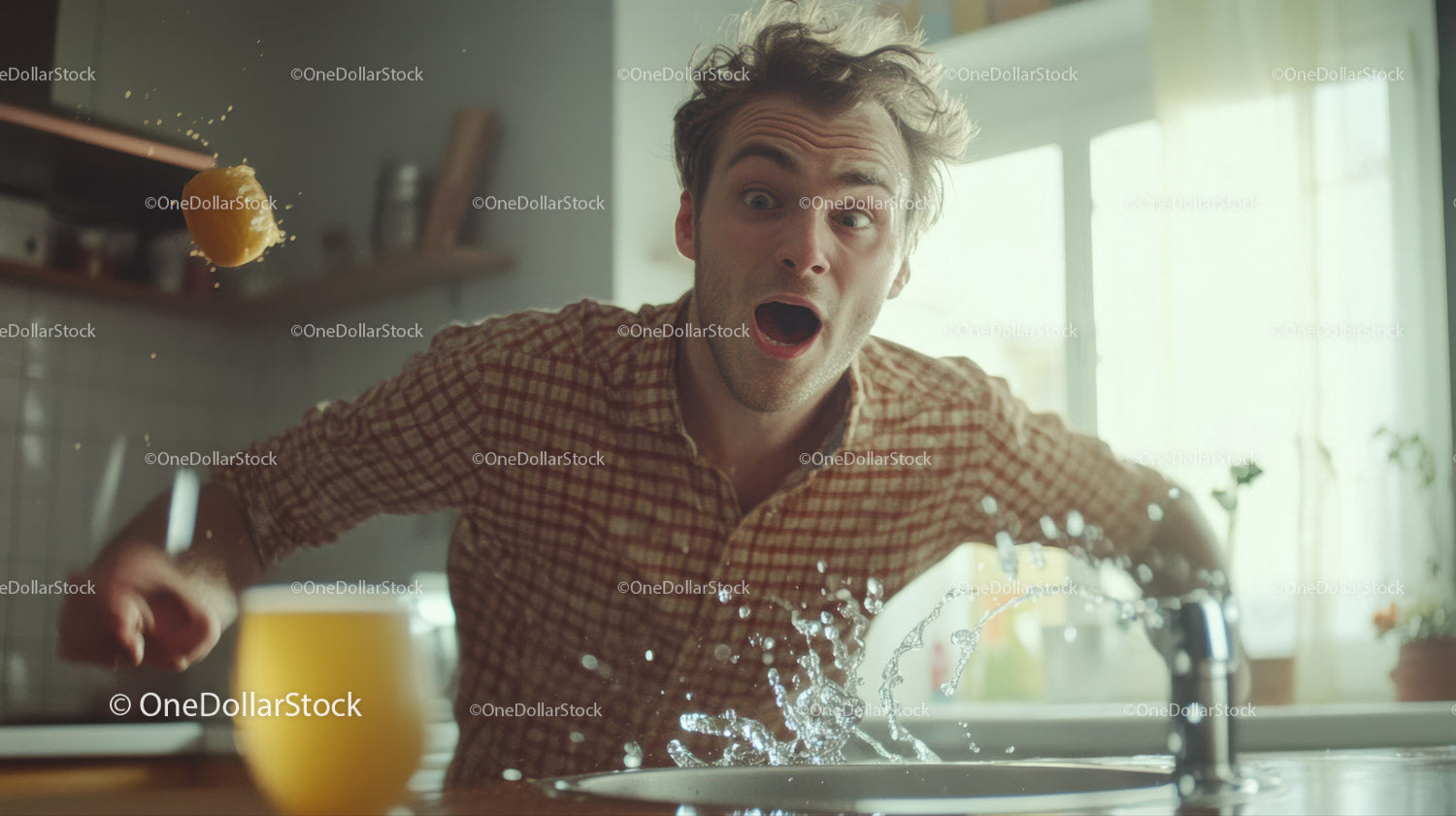 Young Man Surprised by Water Spill in Modern Kitchen