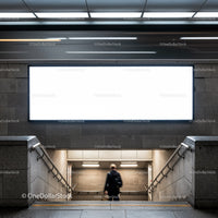 Man walking down subway stairs under blank billboard