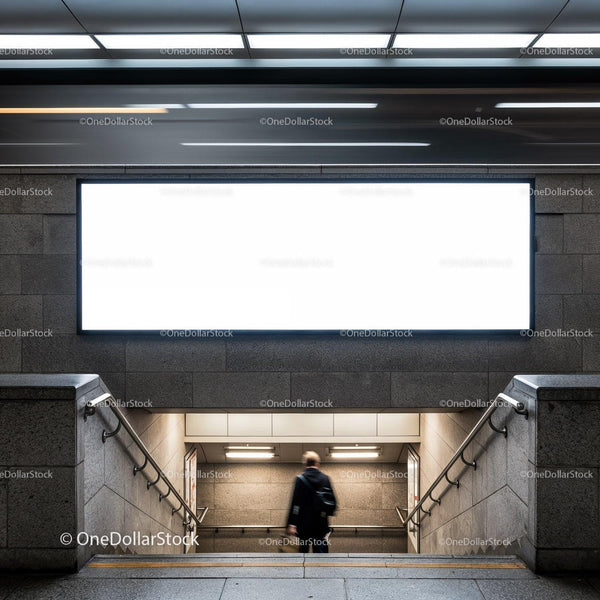 Man walking down subway stairs under blank billboard JPG Mockup Image