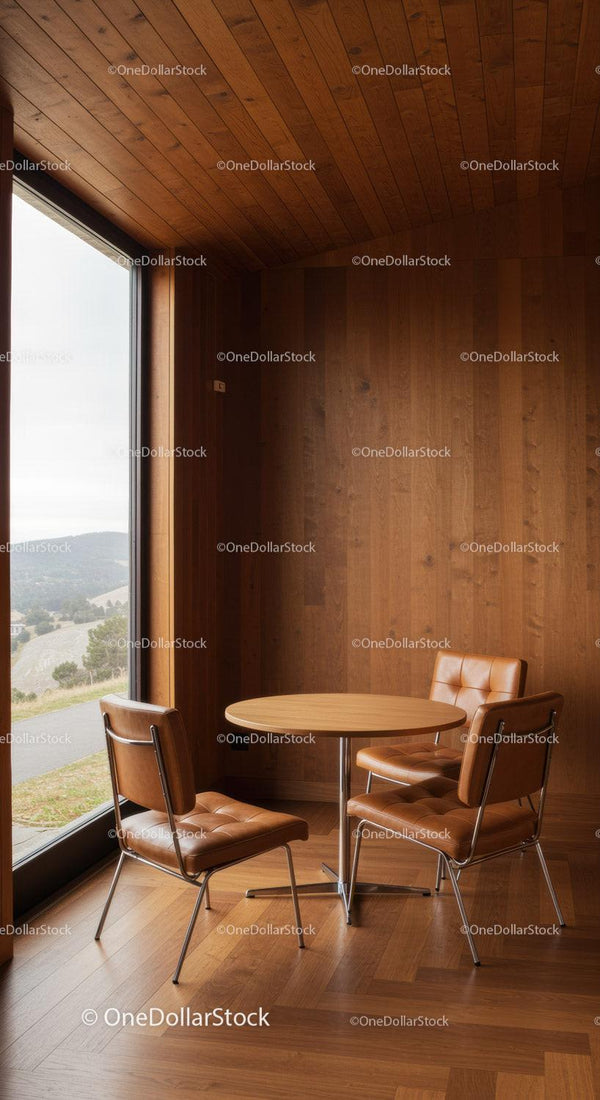 Modern wooden interior with cozy leather chairs and large window