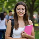 Smiling Young Woman Holding Pink Notebook in Park