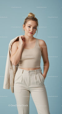 Fashionable Woman in Beige Crop Top and High-Waisted Trousers