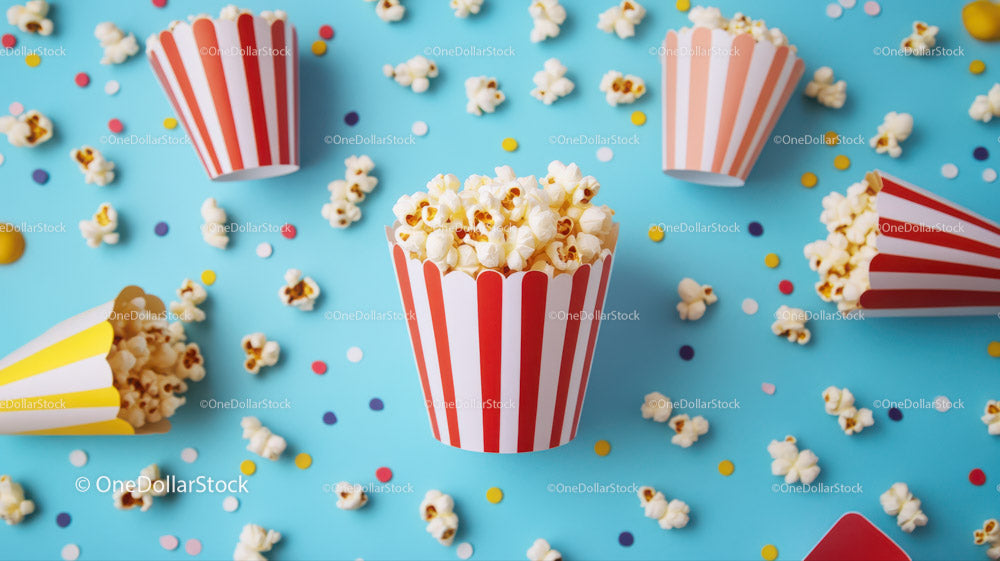 Kubki popcornu z konfetti na niebieskiej powierzchni na świętowanie