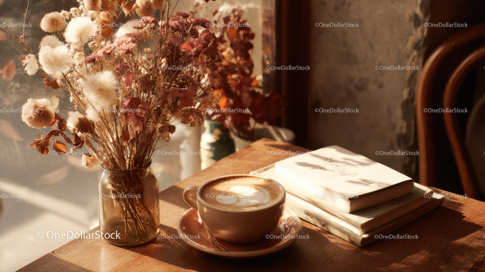 Dried Flowers and Coffee Cup on Rustic Wooden Table in Cozy Cafe