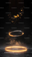 Futuristic Floating Glowing Rings and Fiery Particles Scene