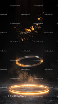 Futuristic Floating Glowing Rings and Fiery Particles Scene