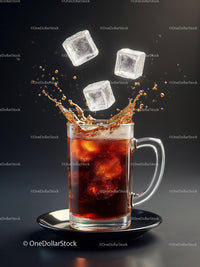 Refreshing Ice Cubes Splashing into Cold Drink Glass