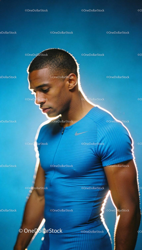 Focused male athlete in blue sportswear with pensive expression