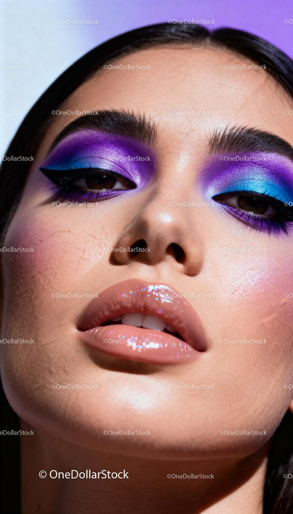Close-up of Woman with Vibrant Purple and Blue Eyeshadow