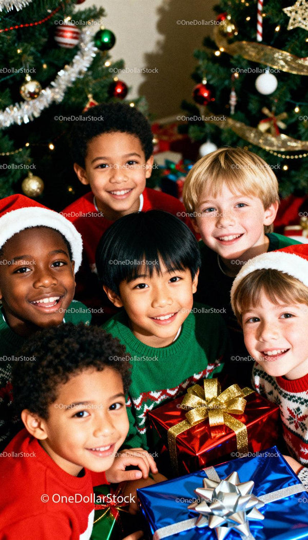 Joyful diverse children celebrating Christmas with gifts