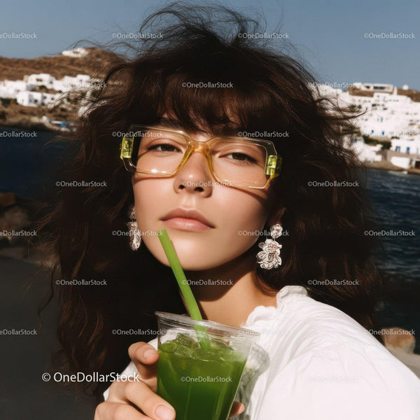 Fashionable Young Woman Sipping Green Juice by the Seaside