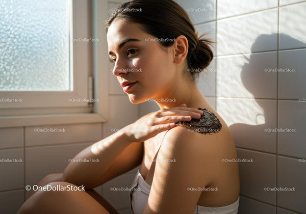 Spokojna kobieta nakładająca peeling na ramię