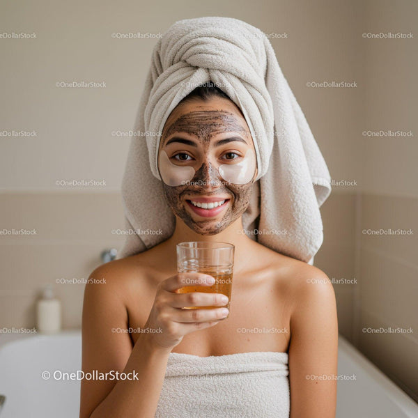 Kobieta z maską na twarz trzymająca szklankę herbaty w spa