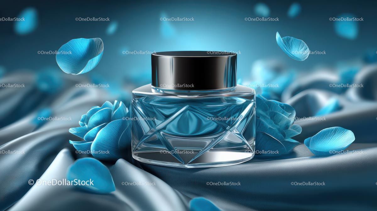 Luxury Blue Cosmetic Jar Surrounded by Elegant Floral Accents