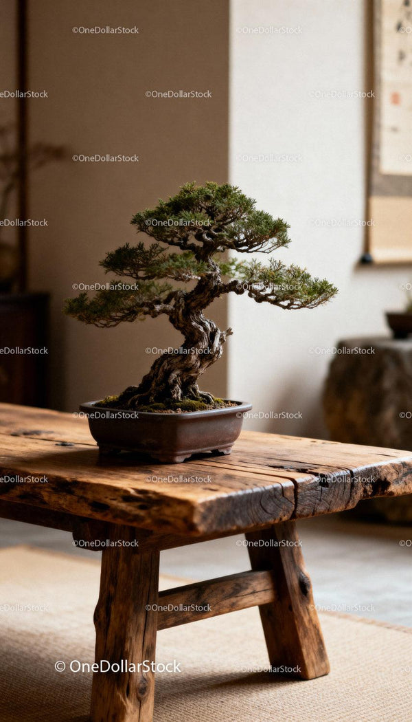 Kręcony bonsai na rustykalnym drewnianym stole w pomieszczeniu