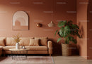 Stylish Living Room with Monstera Plant and Terracotta Walls