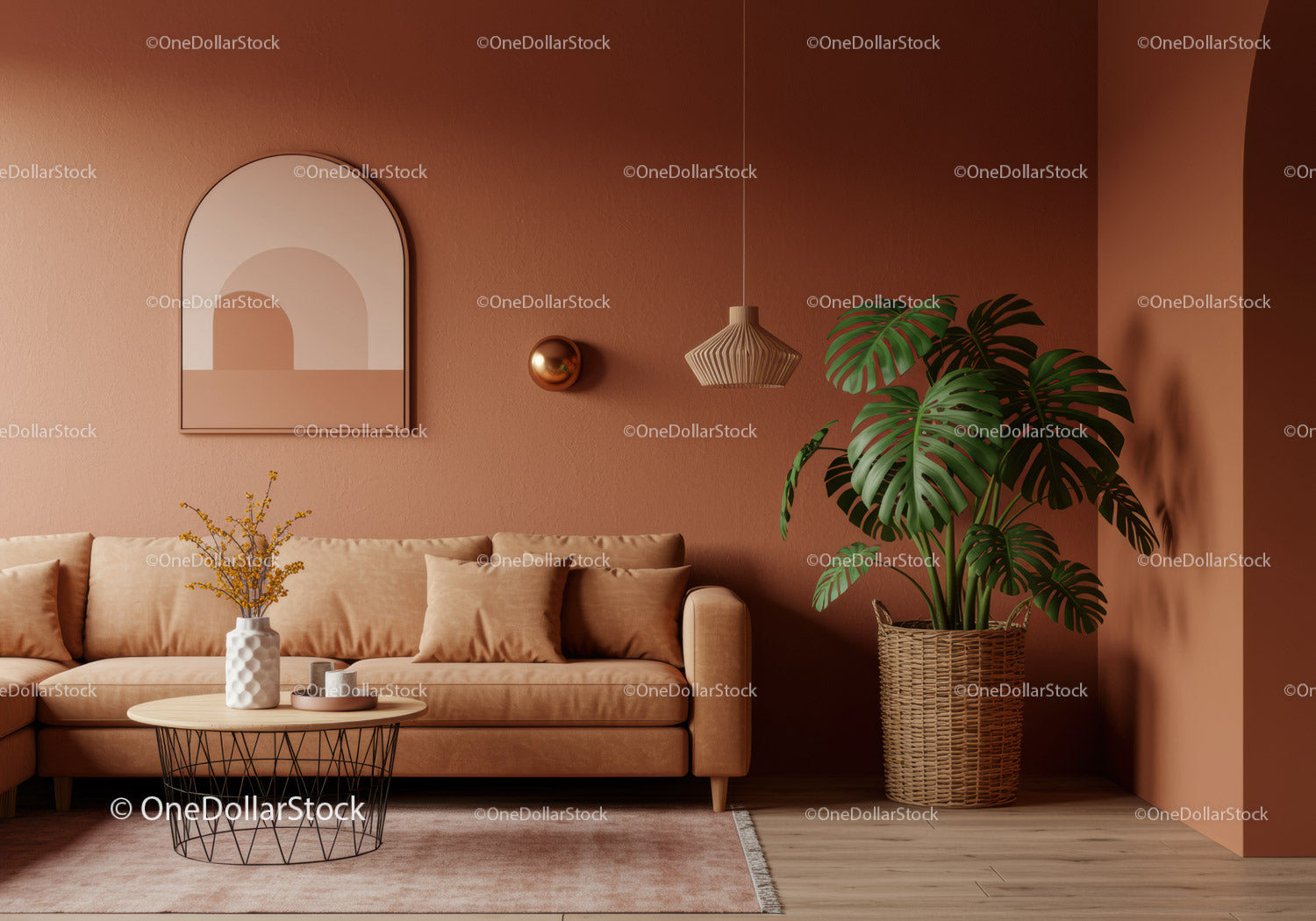 Stylish Living Room with Monstera Plant and Terracotta Walls