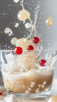 Splashing Water with Red Berries and Ice Cubes in a Glass