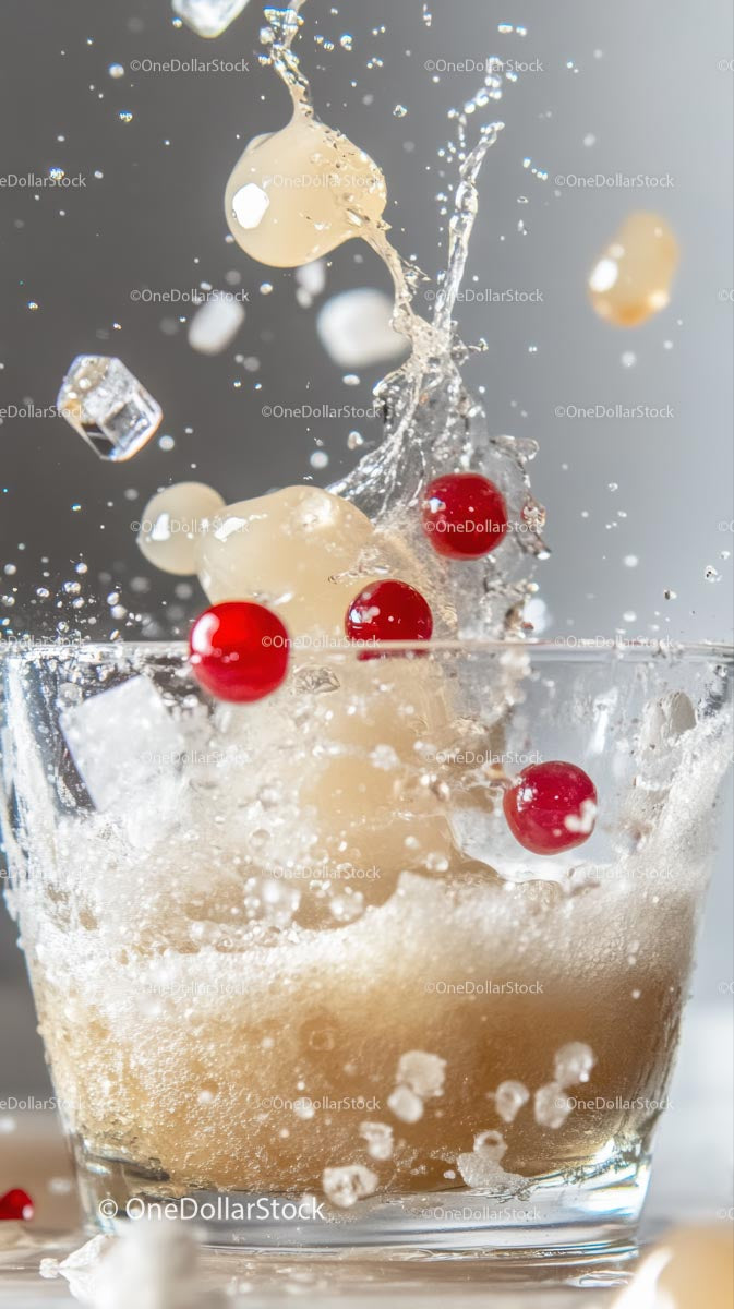 Splashing Water with Red Berries and Ice Cubes in a Glass
