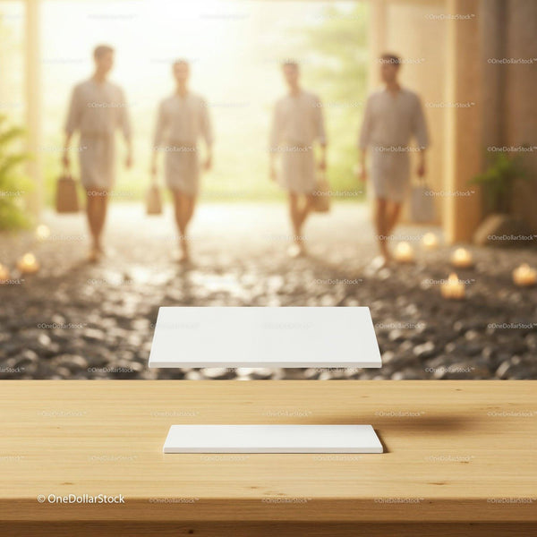 Spa guests walking in robes toward serene wellness space JPG Mockup Image