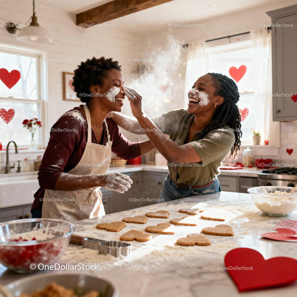 Joyful Couple Baking Heart Cookies for Valentine Celebration