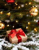 Christmas gift with red bow under snowy tree lights