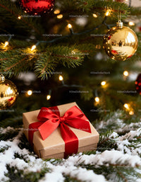 Christmas gift with red bow under snowy tree lights