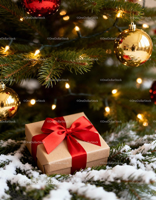 Christmas gift with red bow under snowy tree lights