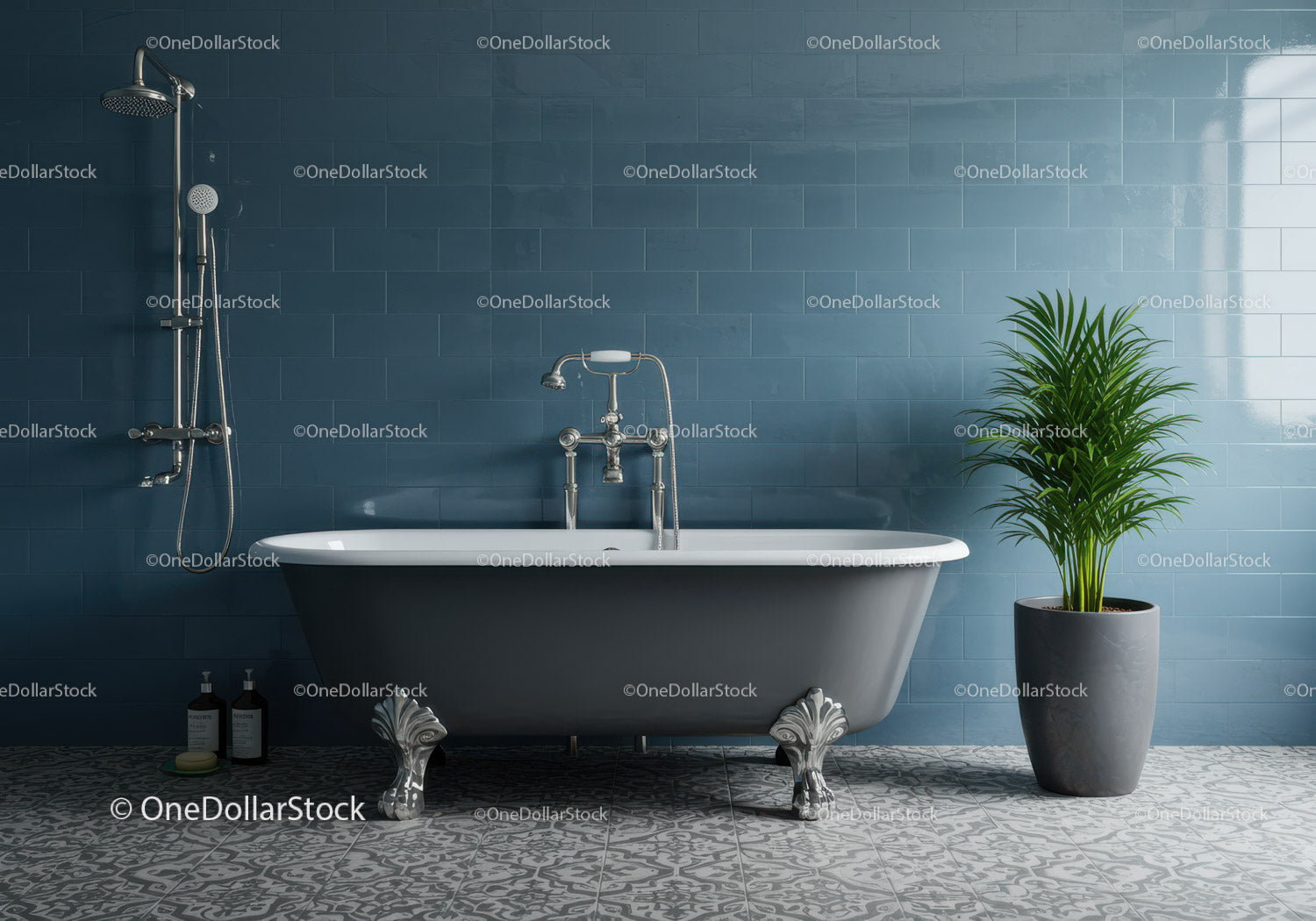 Classic clawfoot bathtub in stylish blue tiled bathroom