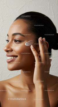 Young Woman Applying Cream for Glowing Skin in Close Up