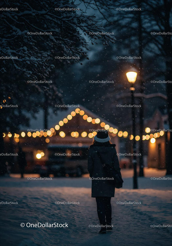 Person walking on snowy path under festive lights at night