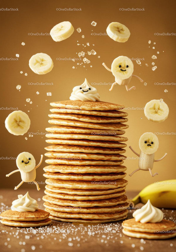 Stack of pancakes with animated banana characters