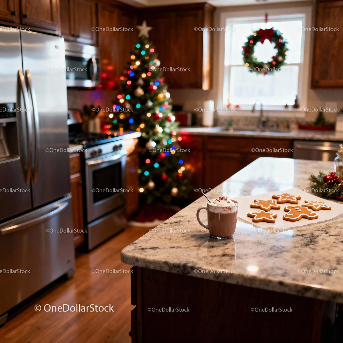 Cozy Kitchen with Christmas Decorations and Hot Cocoa
