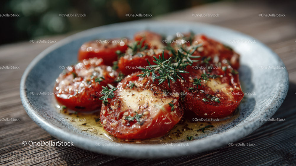 Roasted Cherry Tomatoes with Herbs on Rustic Plate