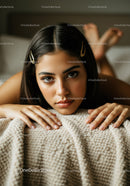 Elegant Woman Lying on Cozy Beige Knitted Blanket with Gentle Expression