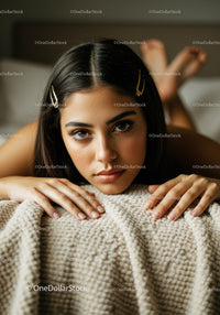 Elegant Woman Lying on Cozy Beige Knitted Blanket with Gentle Expression