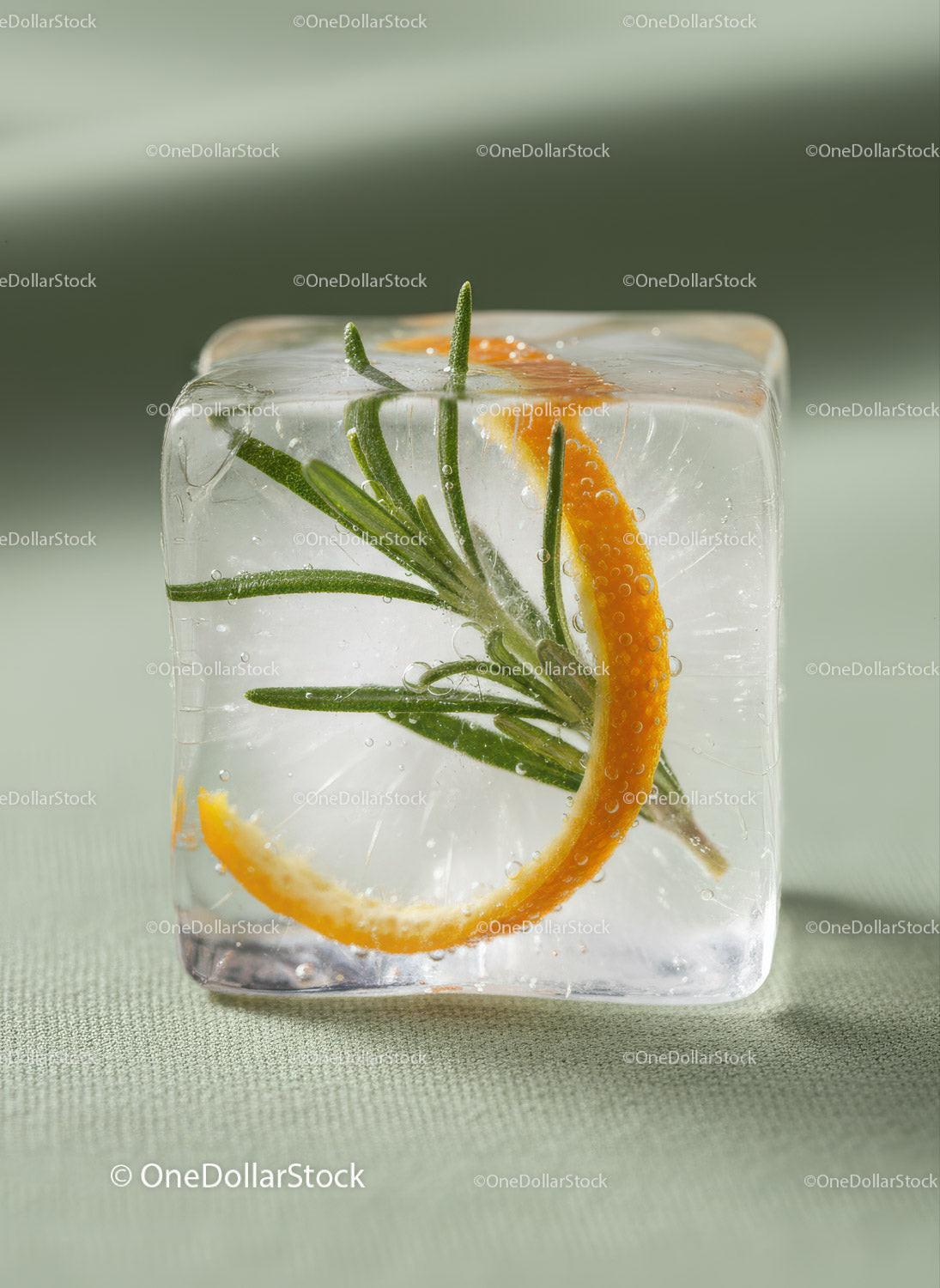 Frozen Ice Cube with Rosemary and Orange Peel