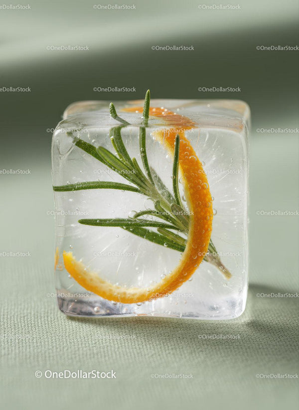 Frozen Ice Cube with Rosemary and Orange Peel