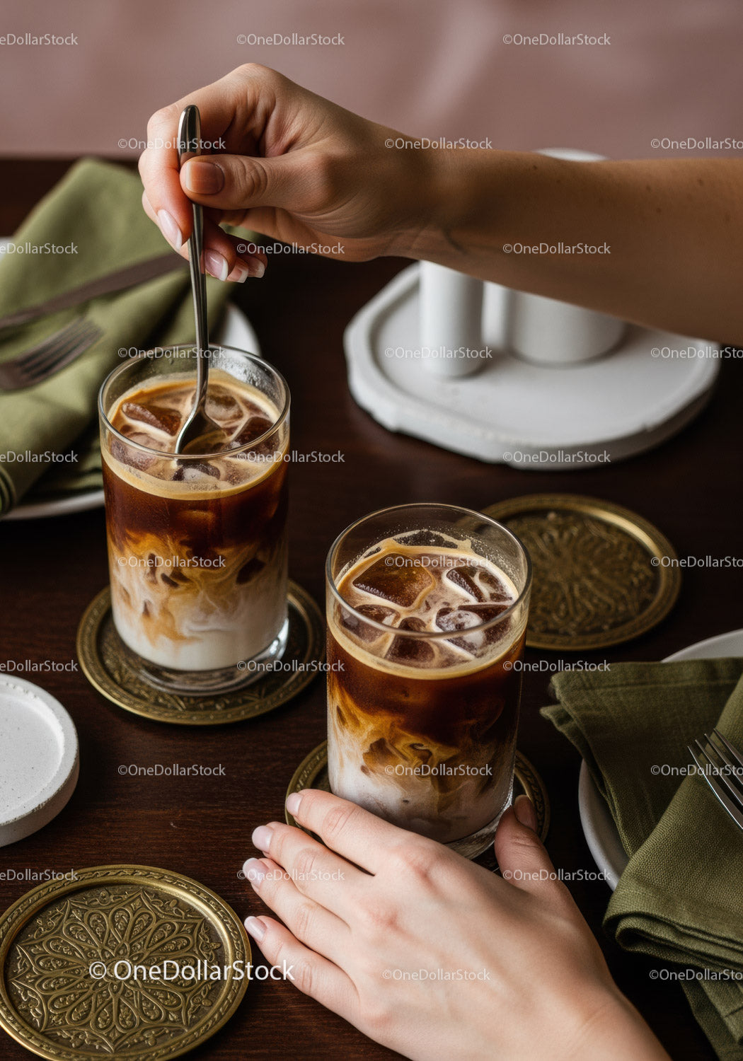 Refreshing Iced Coffee Drinks with Milk on Warm Wooden Table