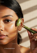 Close-up of a Woman Using a Jade Roller for Facial Massage
