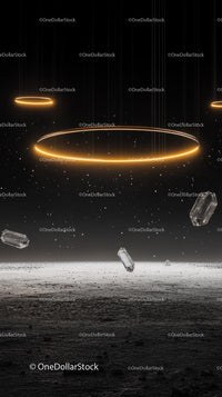 Futuristic Space Scene with Glowing Rings and Floating Crystals