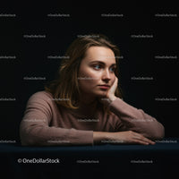 Contemplative Young Woman in Casual Pink Sweater Against Dark Background