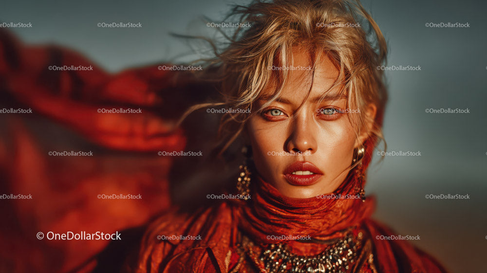 Fashion Portrait of Woman in Red Scarf with Sunset Background